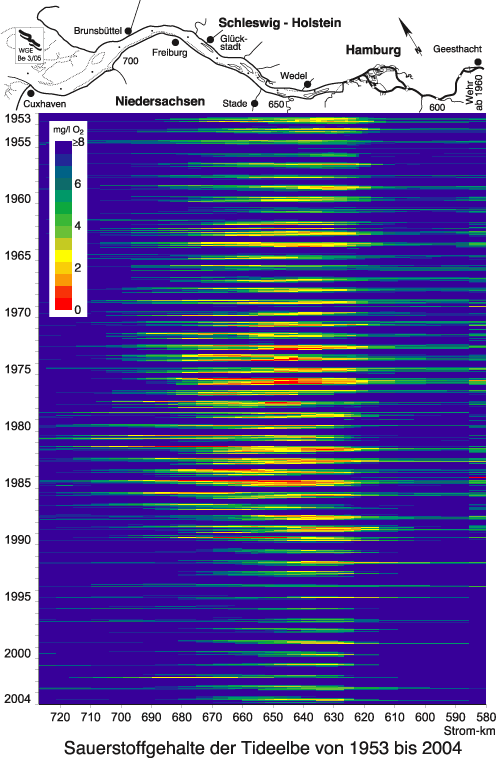 Diagramm O2Gehalt - Strom km alle Profile 1953 bis 2004