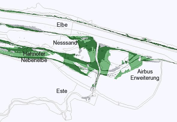 Flachwasser im Mühlenberger Loch, Vergleich 1998 - 2003