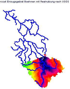 Simulation of flow from Bohemian basin, function of DEM and landuse, arbitrary units
